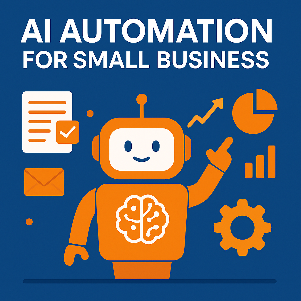 AI automation for small business represented by a central AI brain with icons for finance, marketing, customer service, HR, and documents.”