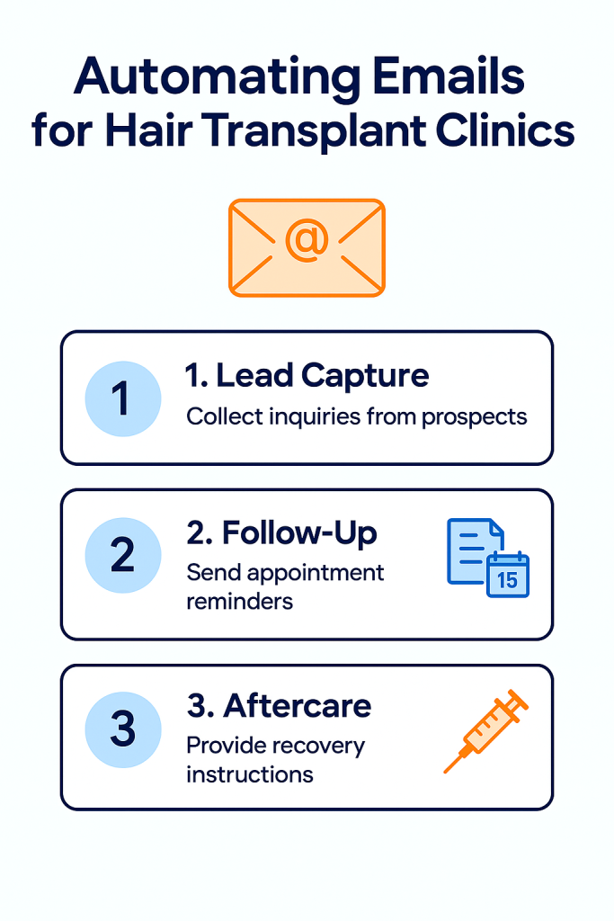 Email automation workflow for hair transplant clinics including lead capture, follow-up reminders, and aftercare instructions.