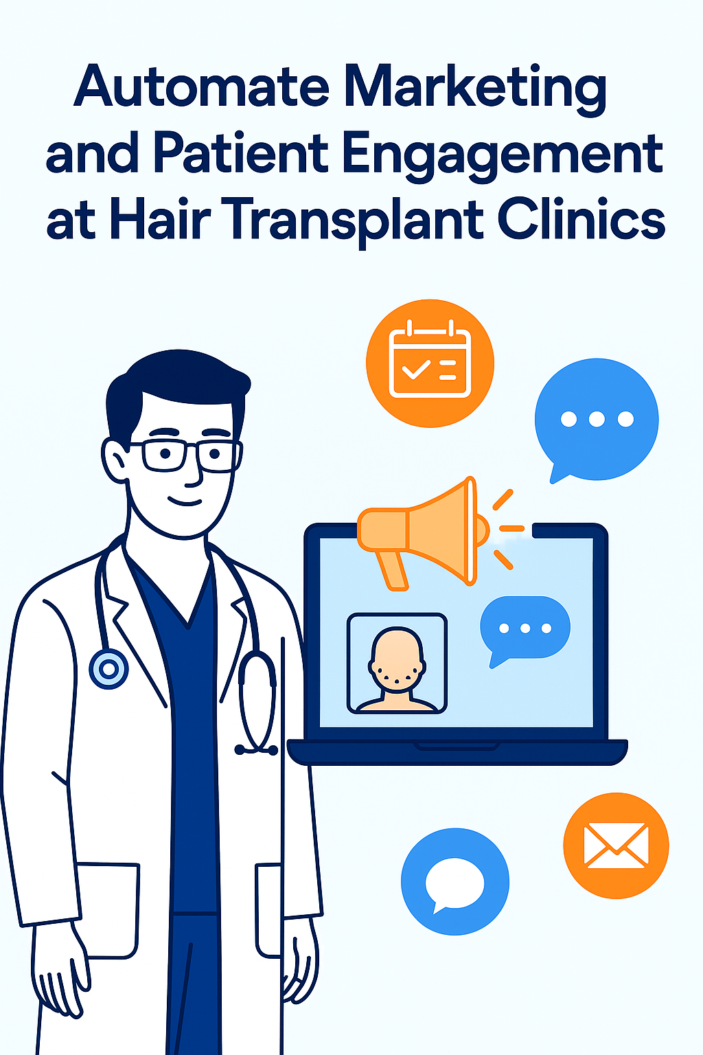 Doctor standing next to a screen showing automated marketing for hair transplant patients