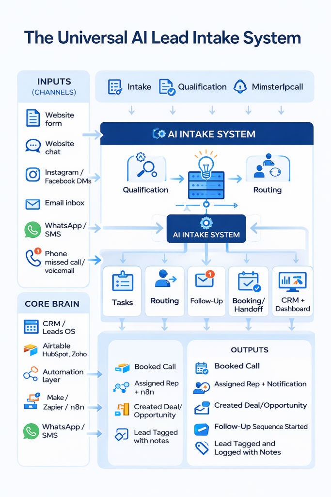 Flowchart showing channels feeding an AI intake system with qualification, routing, follow-up, booking, and CRM dashboard.