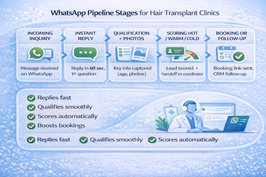 Stage-based WhatsApp intake pipeline for hair transplant clinics